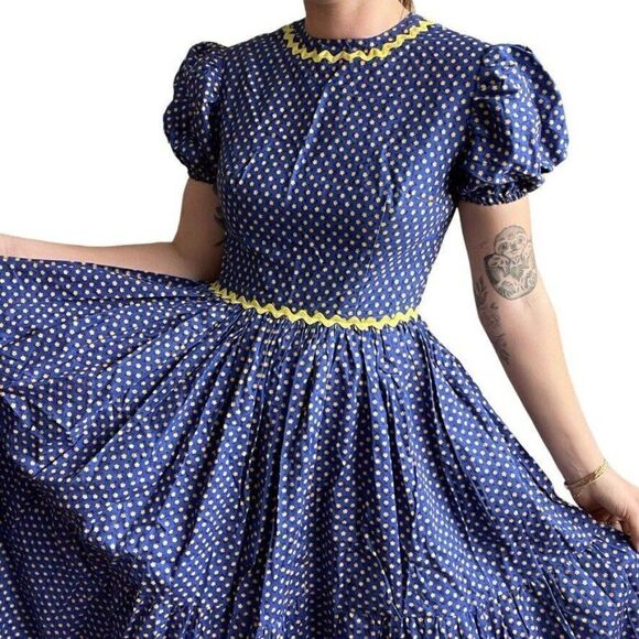 Vintage 1970s Handmade Blue Yellow Floral Cotton Maxi Prairie Puff Sleeve Dress - Picture 1 of 10